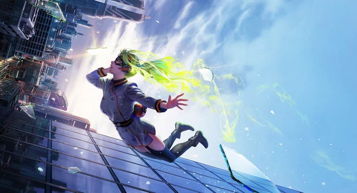 Moe Kamiji falling through a futuristic city