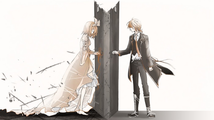 Rin and Len Kagamine reaching across the broken barrier