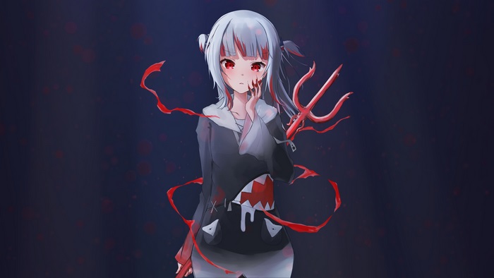 Gawr Gura with red eyes and bloody trident