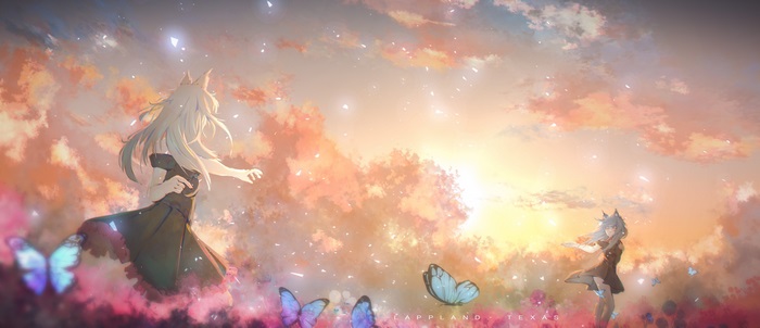 Arknights Lappland and Texas in a dreamy sunset field
