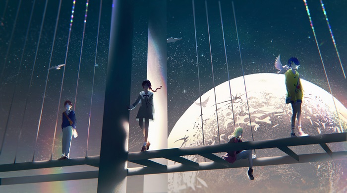 Wonder Egg Priority characters on a cosmic bridge