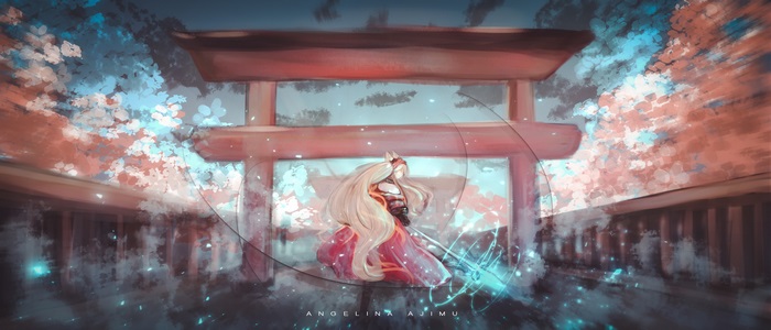 Angelina (Arknights) at Sakura Shrine with Blue Magic