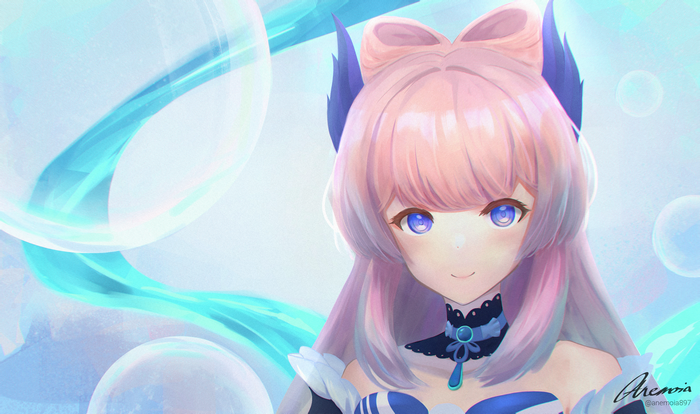 Sangonomiya Kokomi Smiling Amidst Bubbles and Blue Flow