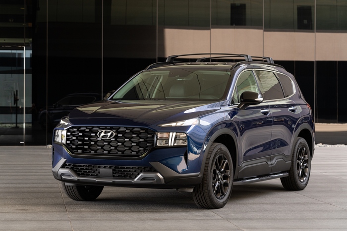 Blue 2022 Hyundai Santa Fe XRT SUV with roof rack