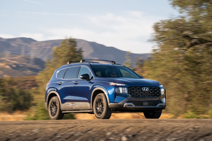 Blue 2022 Hyundai Santa Fe XRT SUV in motion