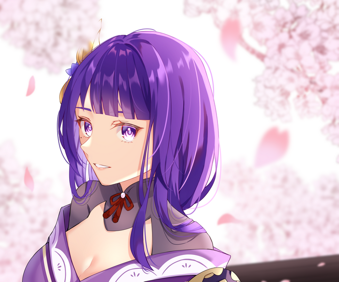 Raiden Shogun smiling under cherry blossoms