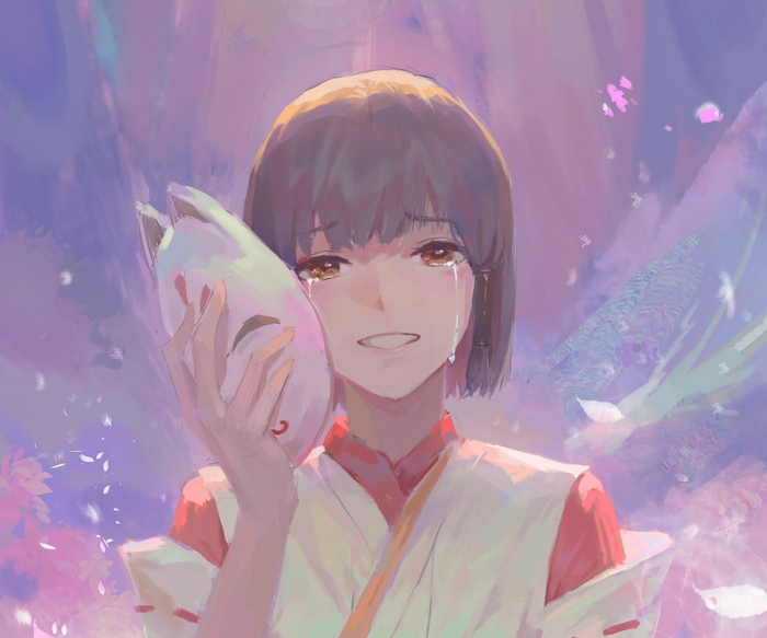 Kazari (Genshin Impact) crying with fox mask