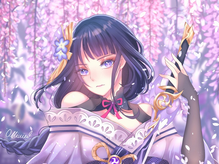 Raiden Shogun holding sword in wisteria garden