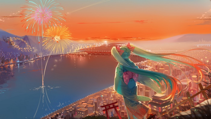 Hatsune Miku in Kimono Watching Sunset Fireworks