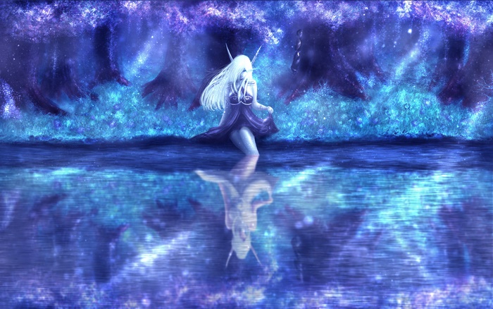 Night Elf Reflection in a Magical Glowing Forest