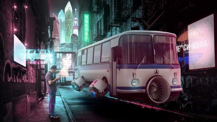 Futuristic Hoverbus in Neon City Alley