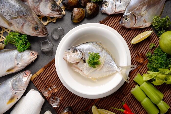 Still Life of Fresh Fish and Seafood Ingredients
