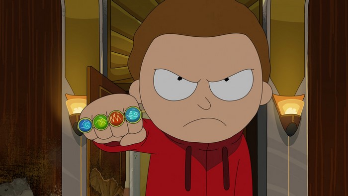 Angry Morty Smith with elemental rings
