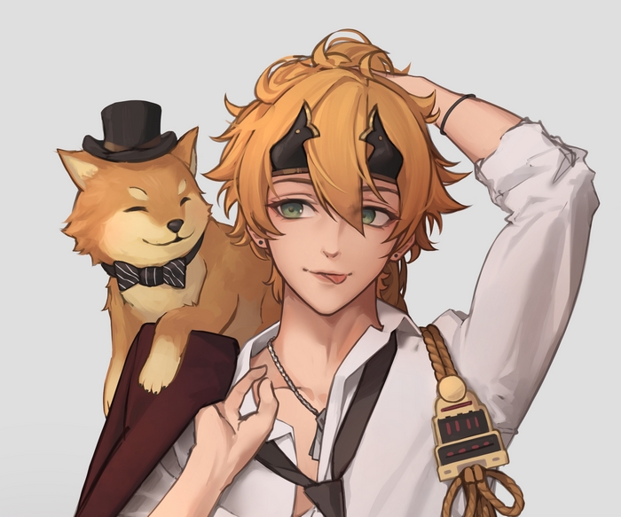 Thoma (Genshin Impact) with a dapper Shiba Inu