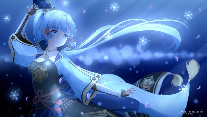 Kamisato Ayaka's icy dance with blue hair and snowflakes