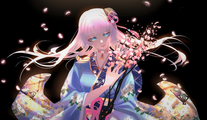 Kamisato Ayaka in Blue Kimono with Cherry Blossoms