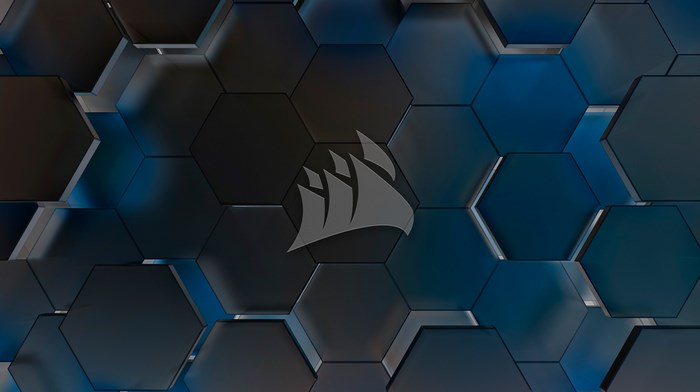 Corsair 4K logo on blue hexagonal pattern