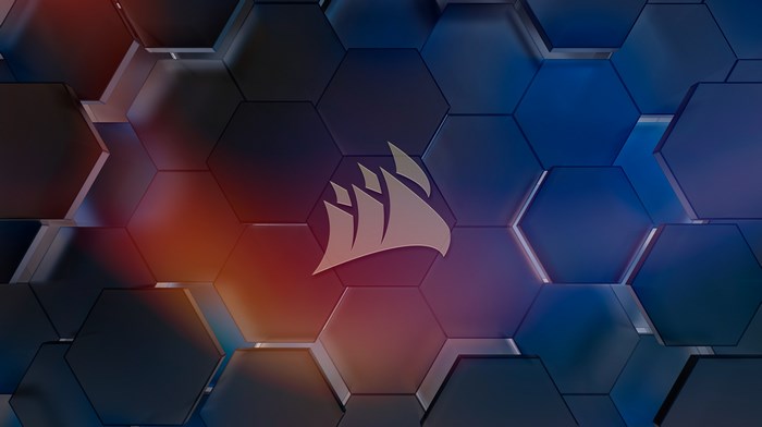 Corsair 4K logo on futuristic hexagonal pattern