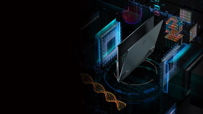 MSI gaming laptop with futuristic digital tech