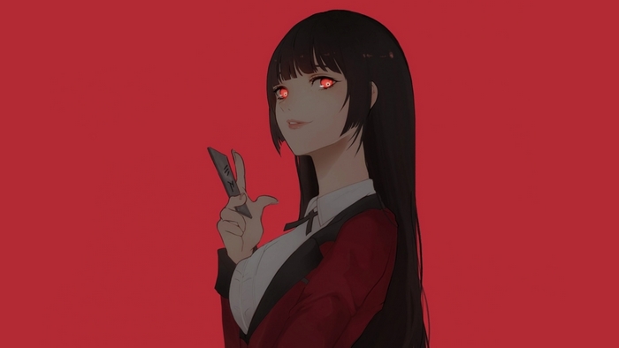 Yumeko Jabami with glowing red eyes and card
