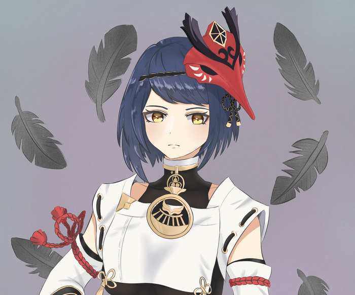 Kujou Sara with raven mask and feathers