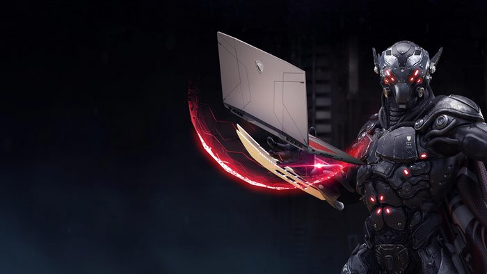 Robot warrior holding MSI gaming laptop with red glow