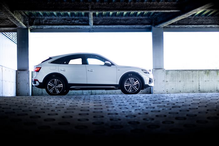 White Audi Q5 Sportback in a parking garage