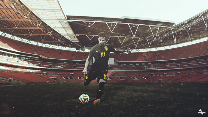 Neymar Brazil kit kicking football in stadium