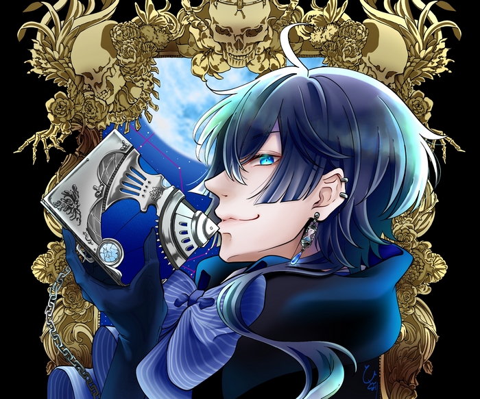Vanitas holding book, golden skull frame, and moon