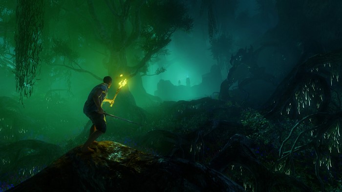 New World: Torchlight in the eerie green forest