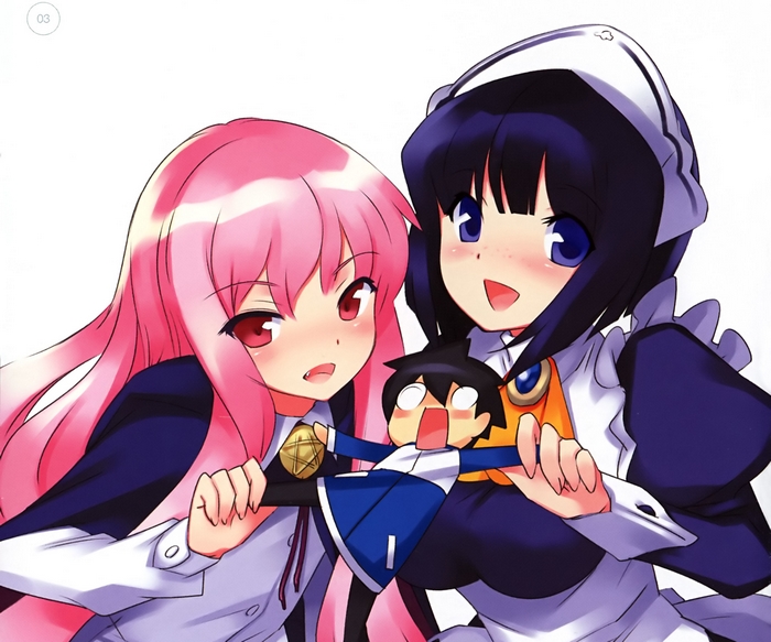 Zero No Tsukaima girls playfully holding Saito