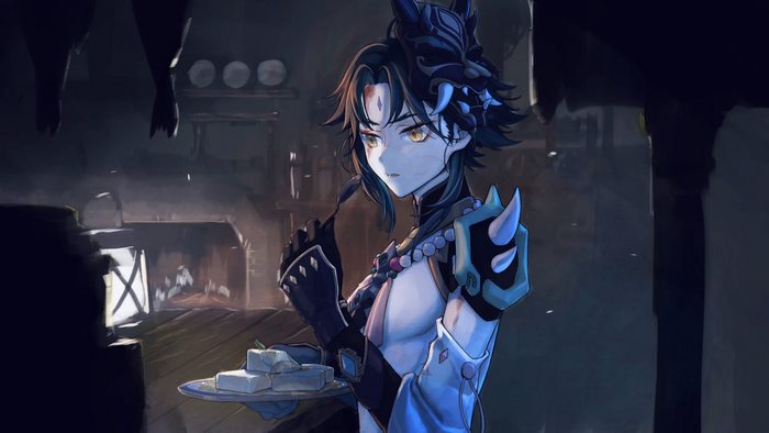 Xiao (Genshin Impact) contemplating food in a dark room