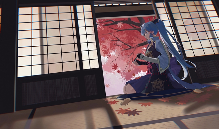 Kamisato Ayaka admiring autumn leaves indoors