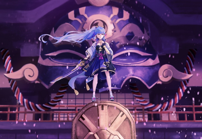 Kamisato Ayaka with sword against giant mask