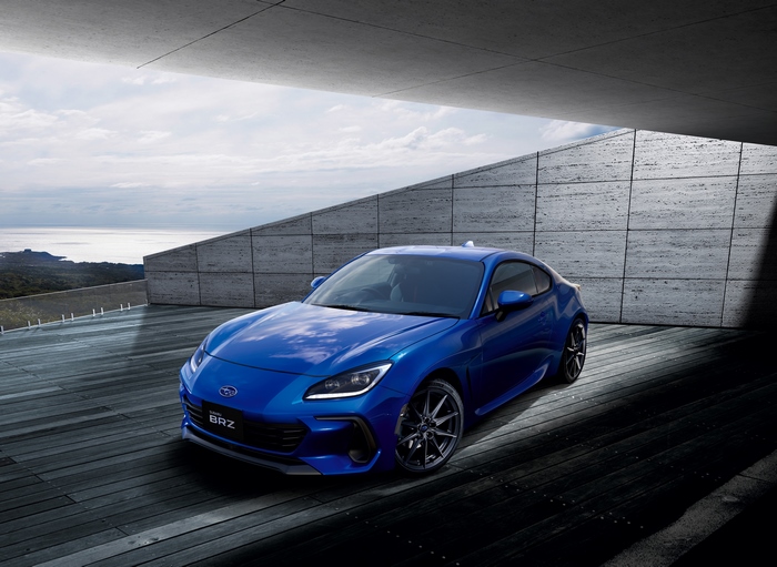 Blue Subaru BRZ Sport Car on Deck with Ocean View