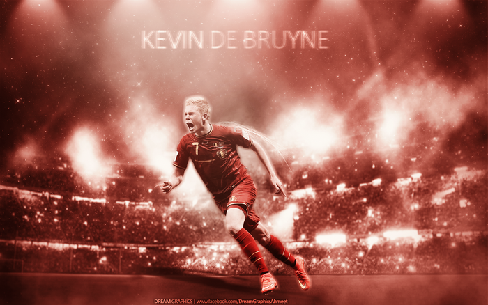 Kevin De Bruyne celebrates in a fiery red stadium