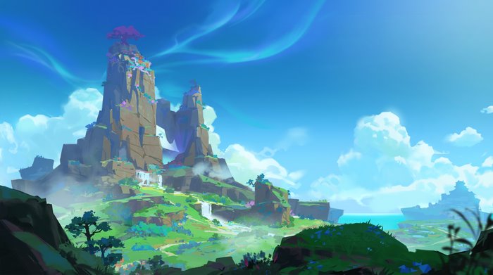 Genshin Impact Inazuma: Beautiful Island Vista with Aurora Sky