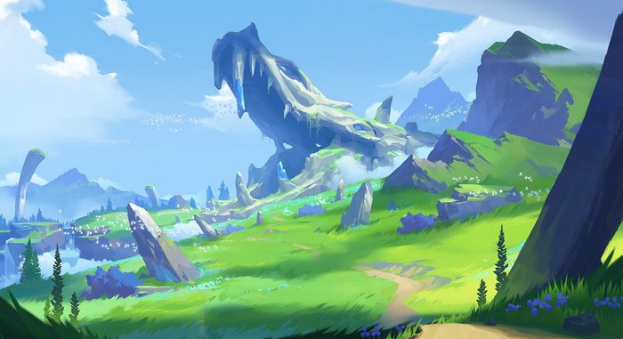 Inazuma Genshin Impact: Ancient Dragon Skeleton in Lush Landscape