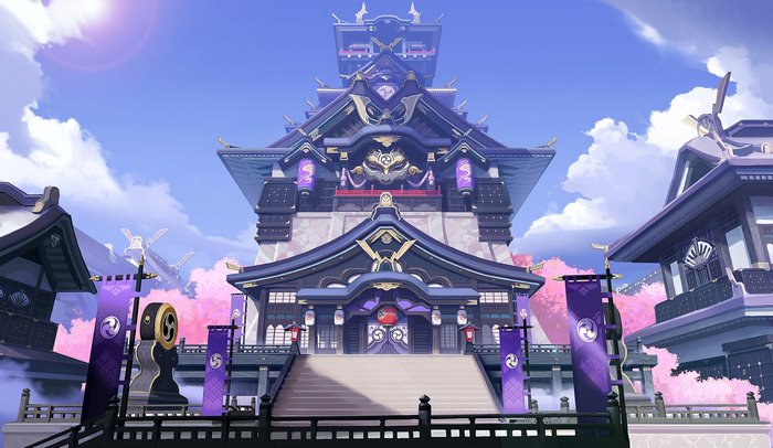 Inazuma Tenshukaku with cherry blossoms and blue sky