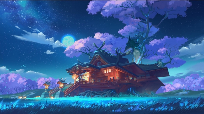 Inazuma Grand Narukami Shrine under starry night sky