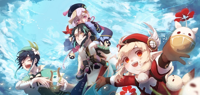 Genshin Impact Venti, Xiao, Qiqi, Klee cheerful sky