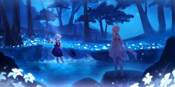 Genshin Impact: Ayaka and Lumine in a glowing forest 4K