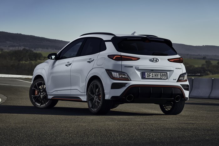 Rear three-quarter view of white Hyundai Kona N SUV