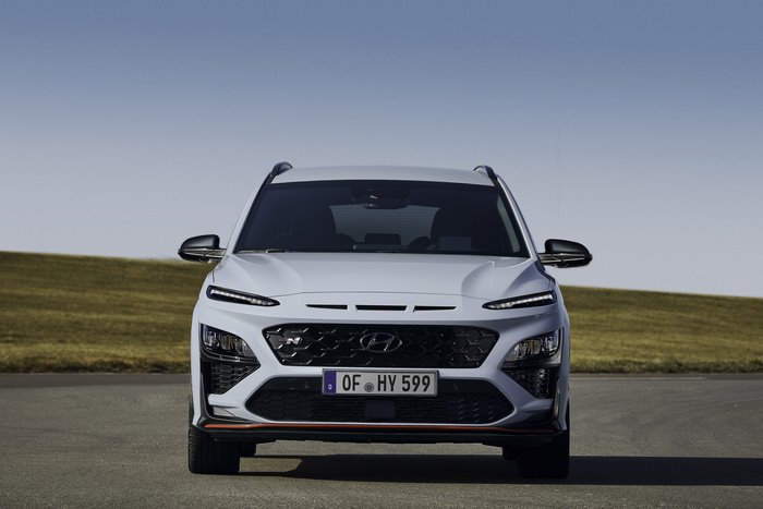 Front view of a white Hyundai Kona N SUV
