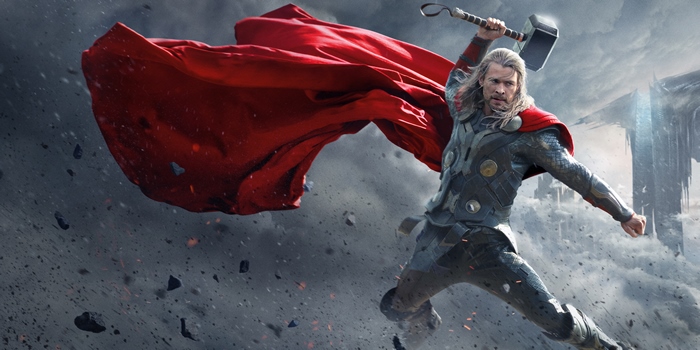 Chris Hemsworth as Thor wielding Mjölnir in action