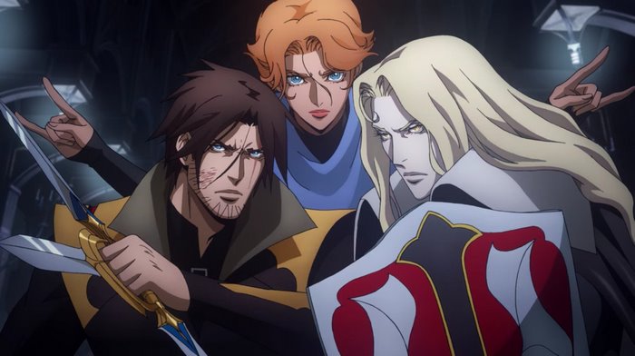 Castlevania trio with rock on hand gestures