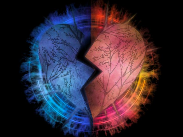 Broken heart with contrasting blue and red glow