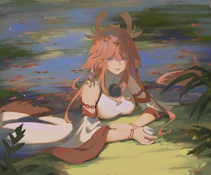 Yae Miko Relaxing by Water Genshin Impact