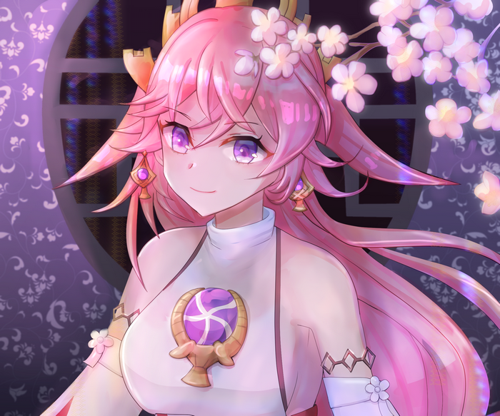 Yae Miko Guuji smiling with cherry blossoms