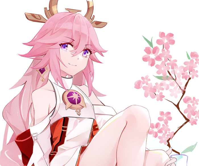 Yae Miko Guuji (Genshin Impact) with cherry blossoms
